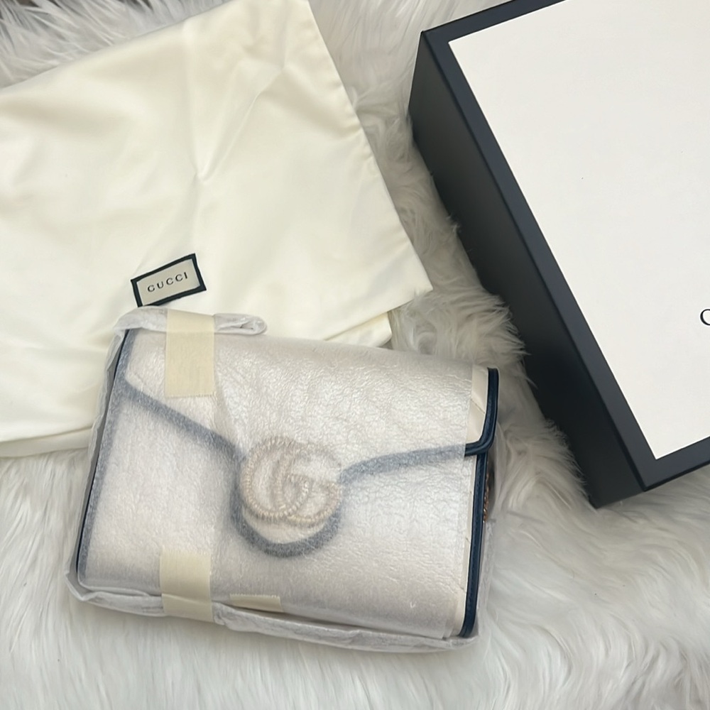 🆕💯% Auth Gucci Blue Agata GG Marmont Shoulder Bag Cream Calfskin Leather - Picture 2 of 16
